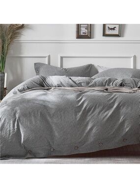 NEW JELLYMONI 100% Washed Cotton Duvet Cover - Black Vertical Pinstriped